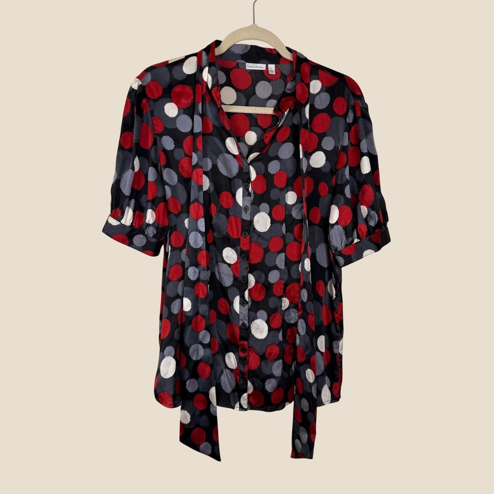 Semantiks Polka Dot Blouse Womens L Red Chic Minimalist Office Tie Neck Puff